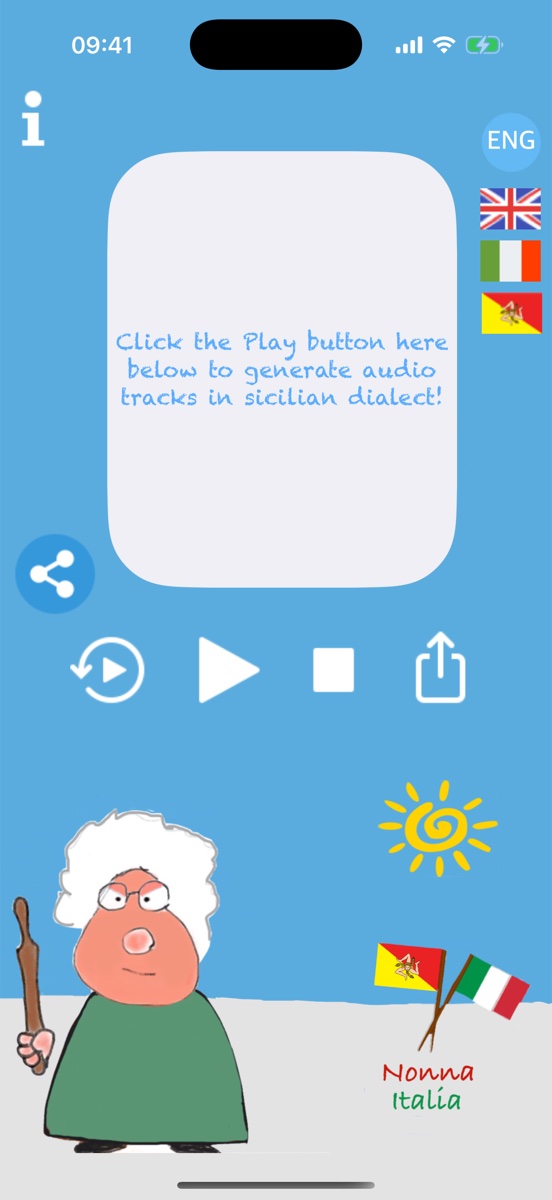 App Nonna Italia — schermata principale con la nonna sullo sfondo celeste