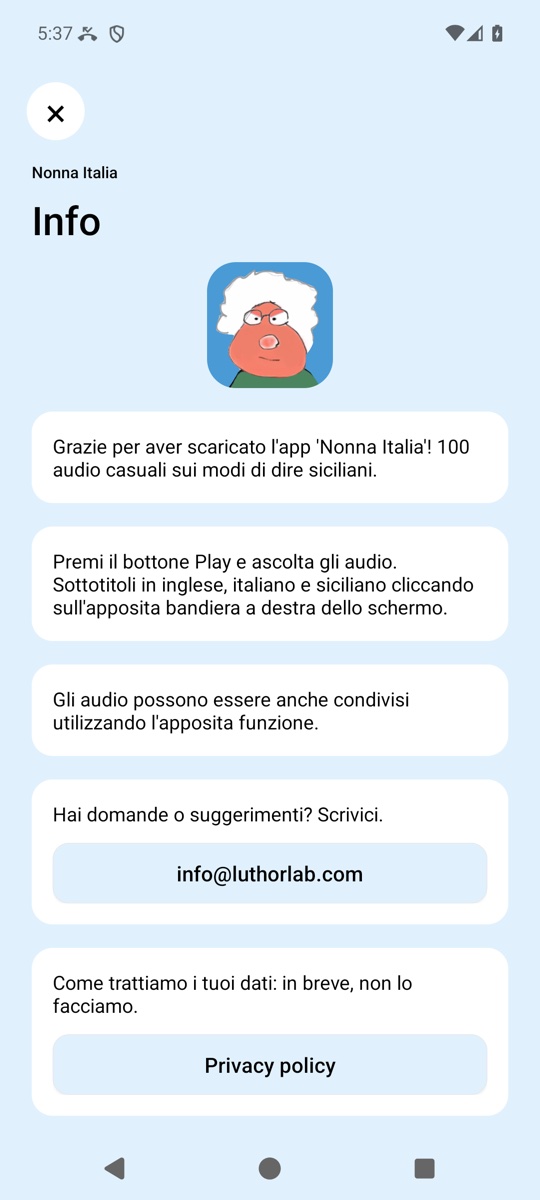 App Nonna Italia — schermata Info con le card bianche su sfondo azzurro chiaro