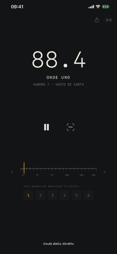 L'app Onde dallo Stretto — la molette sur 88.4 FM, ONDE UNO, présélection 1