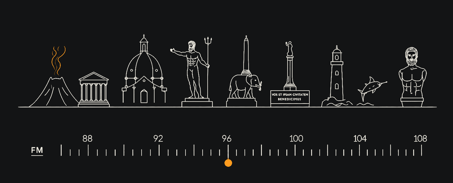La skyline d'Onde dallo Stretto — les monuments du Détroit au-dessus de l'échelle FM avec l'aiguille ambre
