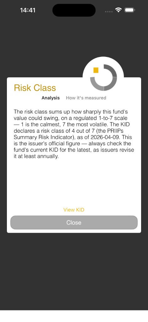 RiskPRO app — PRIIPs risk class analysis with the fund's KID one tap away